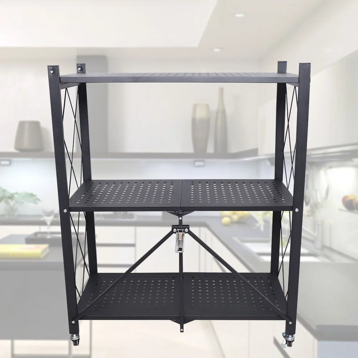 Miumaeov 3-Tier Kitchen Foldable Metal Rolling Trolley Cart Movable Utility Rack Storage Shelves Holder with Wheel Midnight