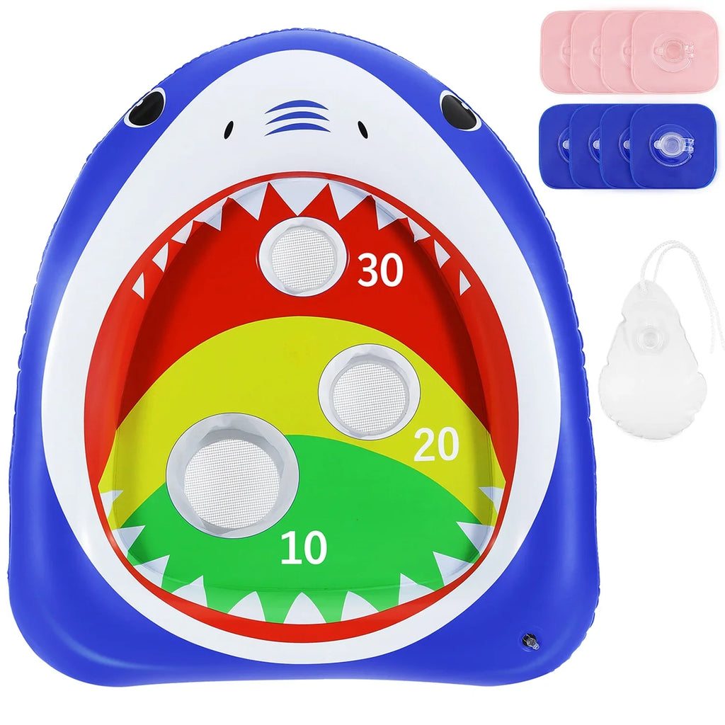 MoKo Pool Shark Ring Toss Games Toys with 8 Sandbag, Summer Inflatable Floating Toy for Kids Adults Family Party Water Carnival, Blue