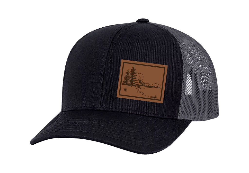Men's Scenic Mountain View Outoors Laser Engraved Leather Patch Mesh Back Trucker Hat, Dark