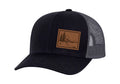 Men's Scenic Mountain View Outoors Laser Engraved Leather Patch Mesh Back Trucker Hat, Dark