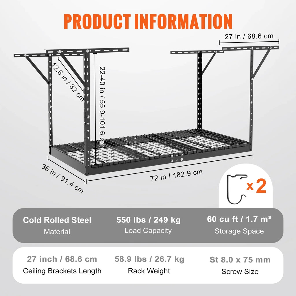 VEVOR Overhead Adjustable Garage Storage Rack 36x72in Ceiling Rack 550lbs Charcoal