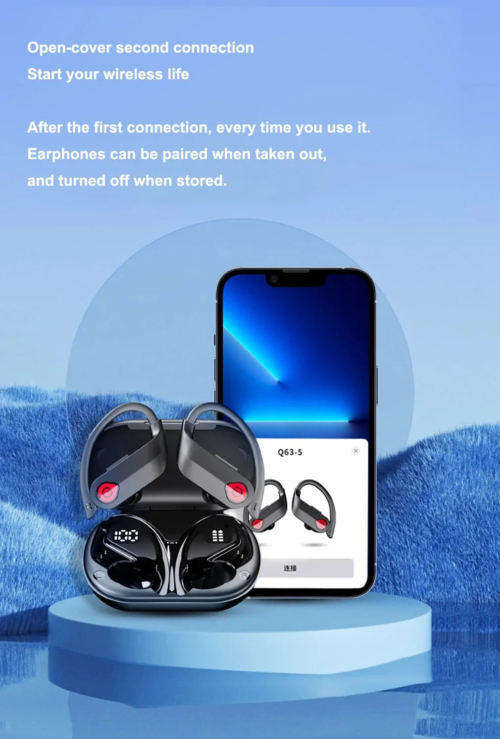 Bluetooth Headphones Wireless Earbuds 20hrs Playtime Charging Case Digital Display Sports Ear buds with Earhook Premium Deep Bass IPX7 Waterproof Over-Ear Earphones for TV Phone Laptop Midnight