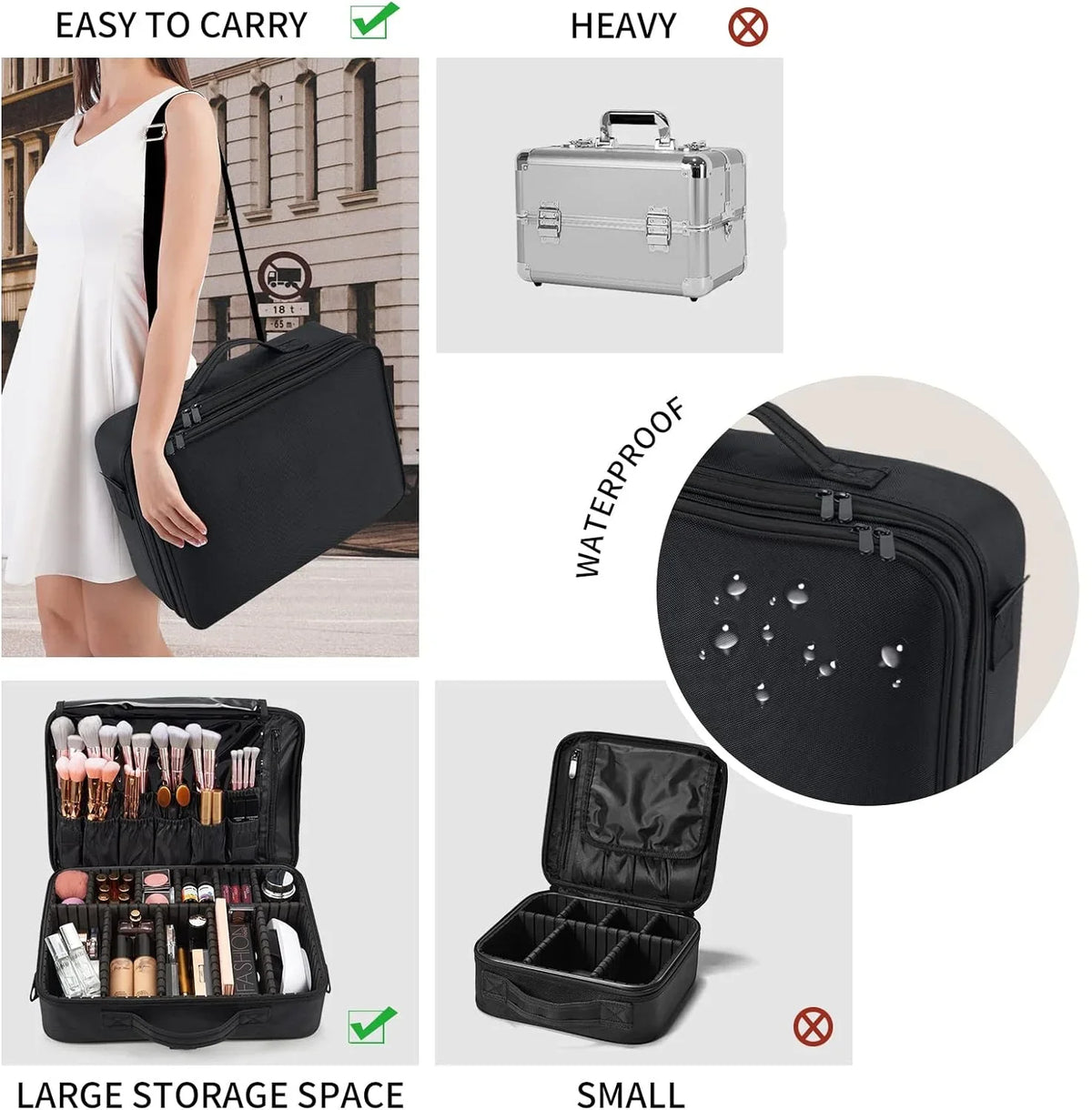 Extra Large Travel Makeup Bag Cosmetic Case Organizer Beauty Train Case with Shoulder Strap and Dividers Compartment, Dark