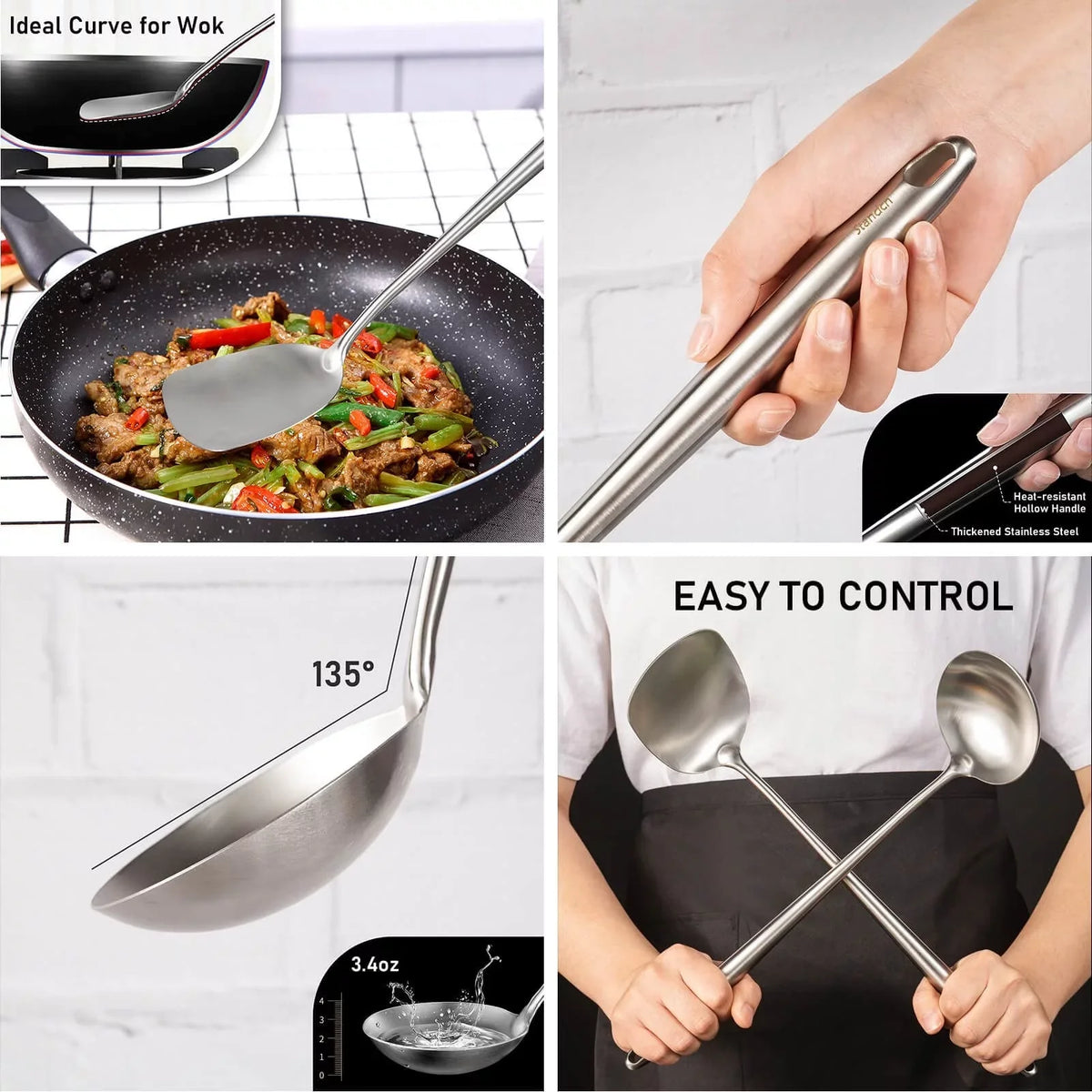 Stiwee 2024 Newest Sale Cooking Equipment Cooker Unit Wok Spatula And Ladle Skimmer Spoon Slotted Spatula 304 Stainless Steel Kitchen Utensils Set 4Pieces All Metal Extra Long Handle Cooking Tools