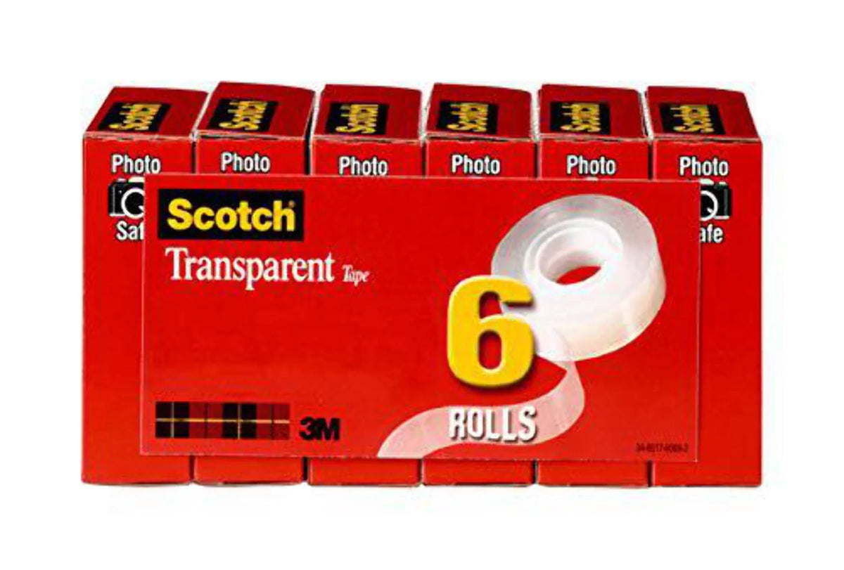 Scotch Transparent Tape, Standard Width, Engineered for Office and Home Use, Glossy Finish, 3/4 x 1296 Centimeter 6 Rolls, Boxed (600-6PK)