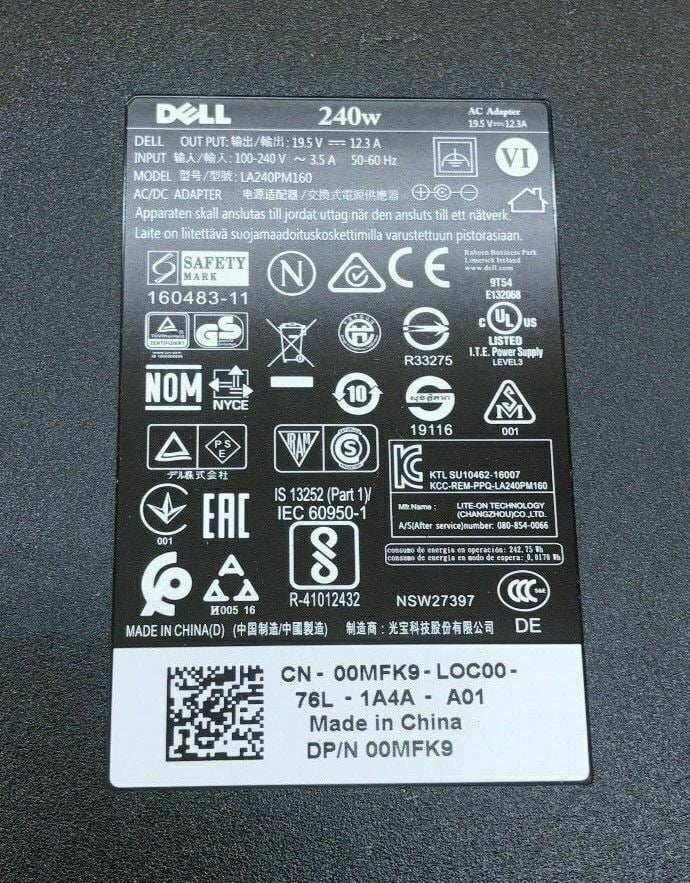Lot of 10 Genuine Dell 240W 19.5V 12.3A Laptop Power Charger GA240PE1-00 FWCRC