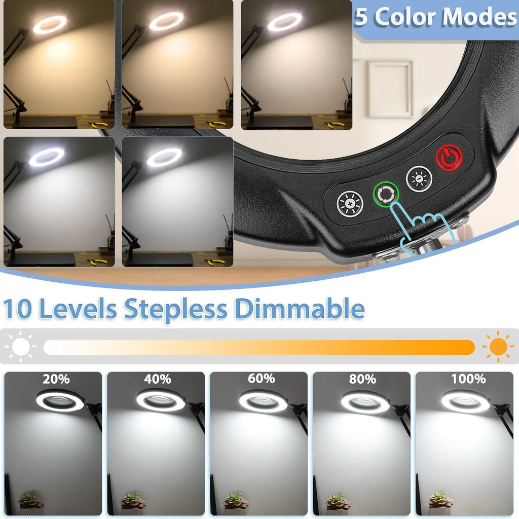 10X Magnifying Glass with Light and Stand, 2-in-1 LED Magnifying Desk Lamp with Clamp, 5 Color Modes Stepless Dimmable, Hands Free Lighted Magnifier for Craft, Painting, Close Work, Sewing