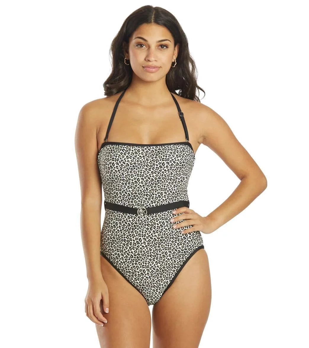 Michael Kors Women's Logo Belt Printed Bandeau One Piece Swimsuit Midnight Size 8