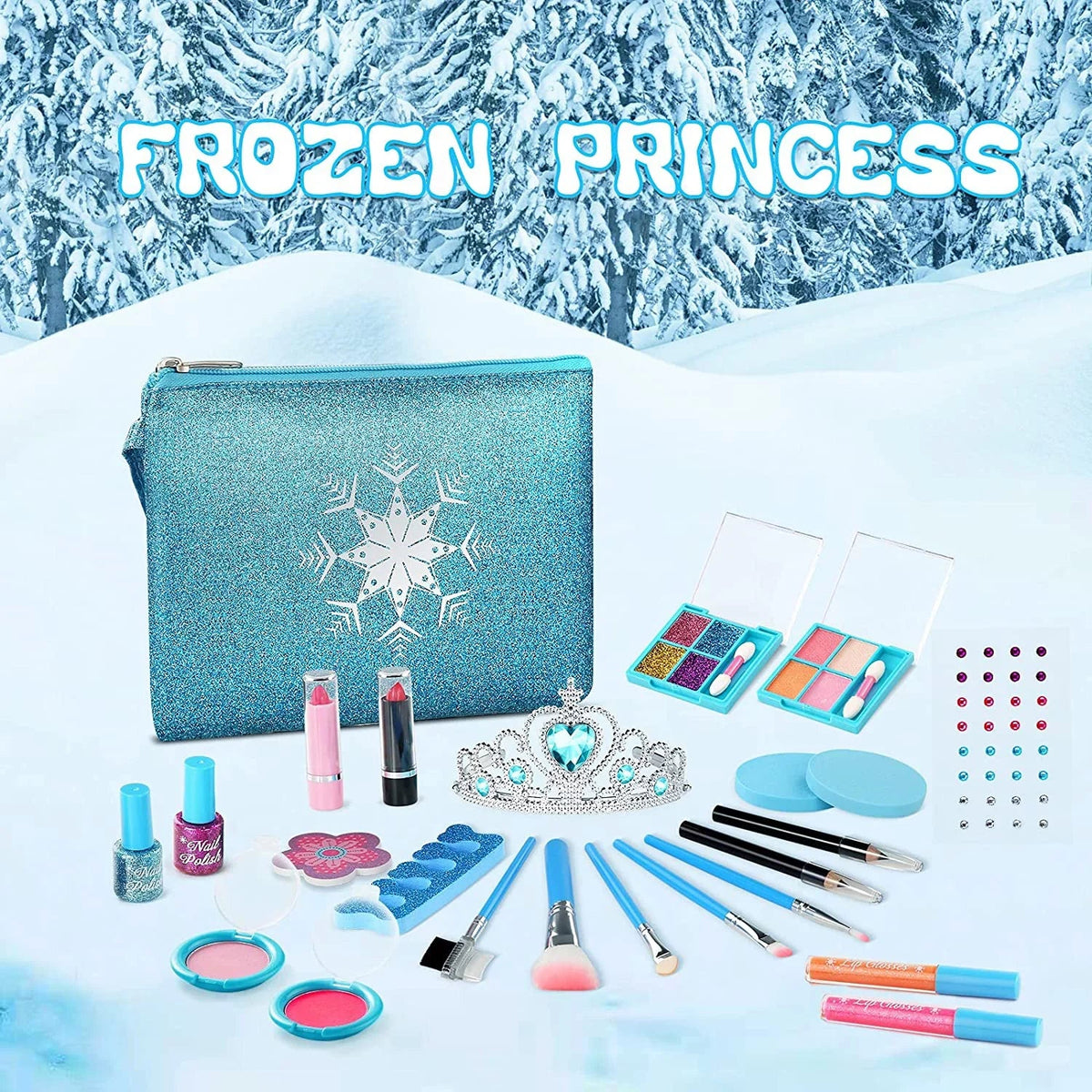 Kids Makeup Kit for Girls, 24 Pcs Washable Makeup Kit Real Cosmetic Toy with Bag, Safe & Non-Toxic Frozen Makeup Set for Princess, Toddler Makeup Set Kids Toys for 3-12 Years Old Girls Gift (Blue)
