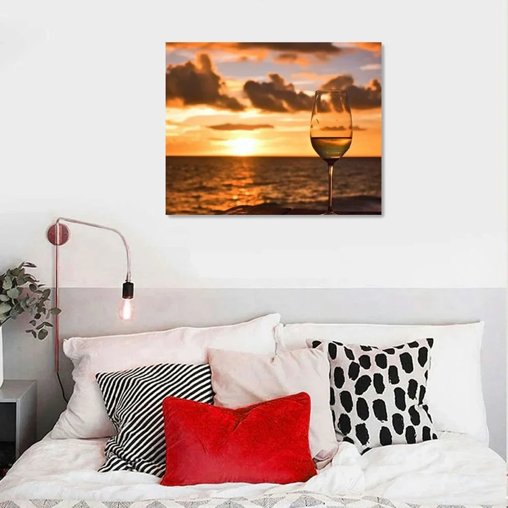 Shiartex Wall Art Painting Pictures Glass of white wine on the beach at sunset Sundowners Framed Poster Prints on Canvas Artwork for Living Room Bedroom Home Office Decor 20x16 Unit