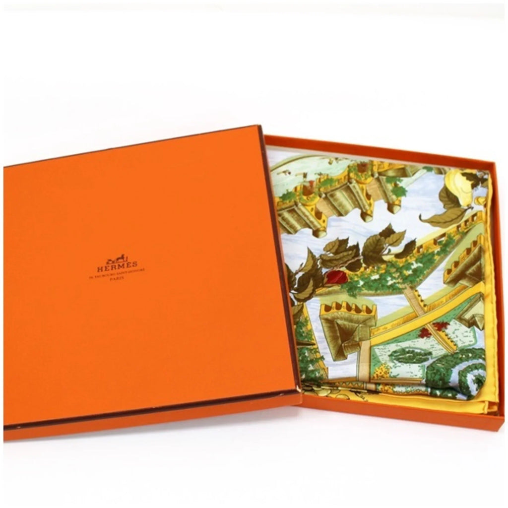 Pre-Owned Hermes Silk Scarf Carre 90 "Au pays de Cocagne" In Paradise Yellow HERMES | For Ladies (Good)