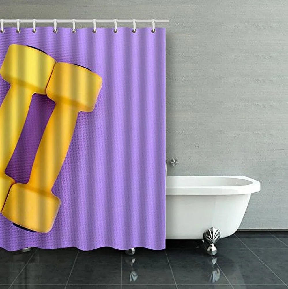 WOPOP Sports Ware For Gym Sport Concept Sporting Items On Purple Or Yellow Dumbbell Shower Curtain Bathroom Curtain 48x72 Unit