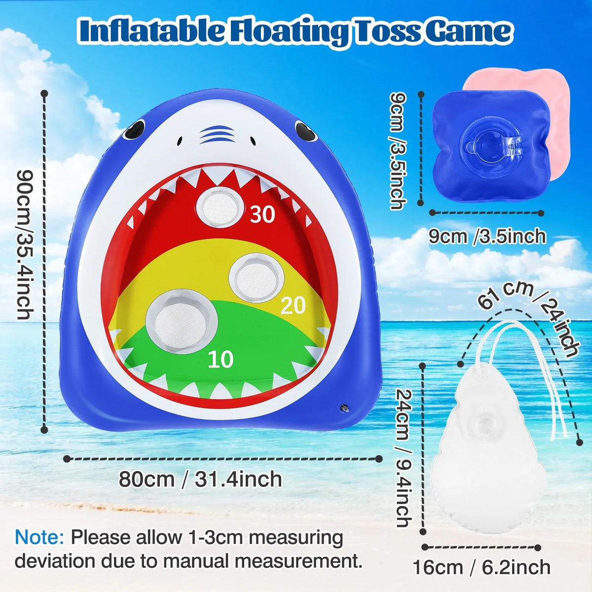 MoKo Pool Shark Ring Toss Games Toys with 8 Sandbag, Summer Inflatable Floating Toy for Kids Adults Family Party Water Carnival, Blue