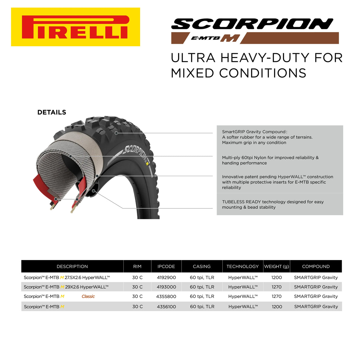 Pirelli Scorpion E-MTB M 27.5 x 2.6 Mountain Bicycle Tire, Versatile E-Mountain Bike Tire for Trail and Enduro Use, Mixed Terrain, E-Bike MTB, Tubeless Ready Unit TLR + SmarTUBE 23/32-622