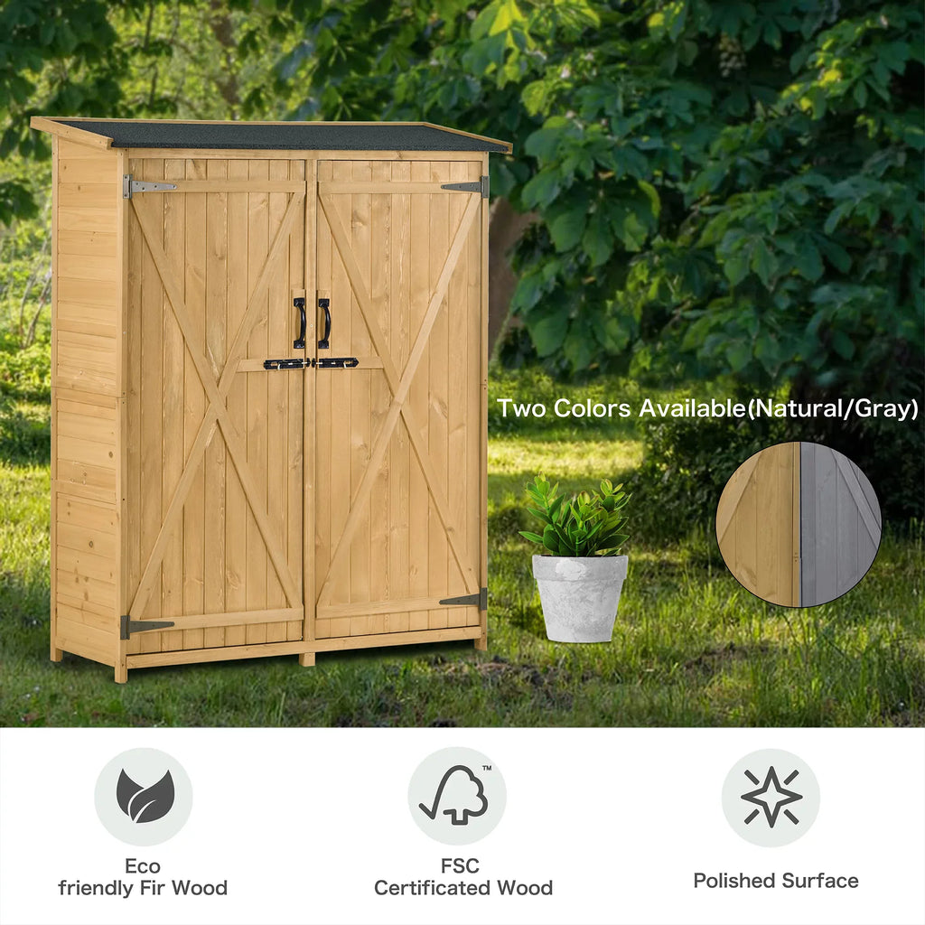 Outdoor 5.3ft Hx4.6ft L Wood Storage Shed Tool Organizer,Garden Shed, Storage Cabinet with Waterproof Asphalt Roof, Double Lockable Doors, 3-tier Shelves for Backyard, Natural