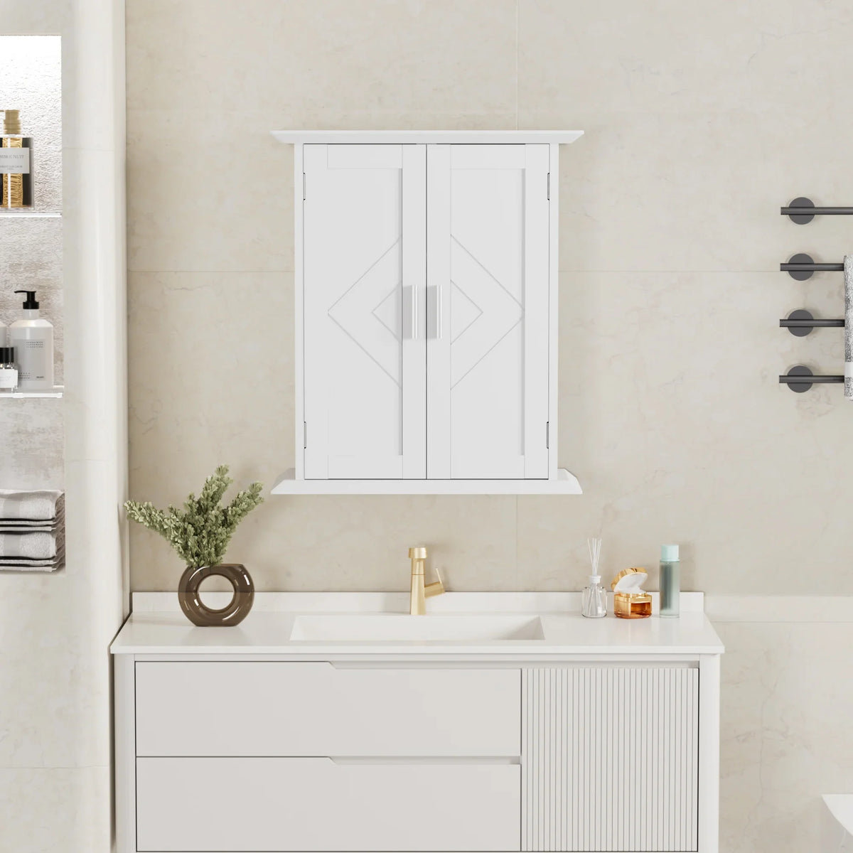 VECELO Bathroom Wall Cabinet, Wooden Hanging Storage Cabinet with 2 Door and Adjustable Shelves, Multipurpose Storage Cabinet for Bathroom Kitchen Living Room, White