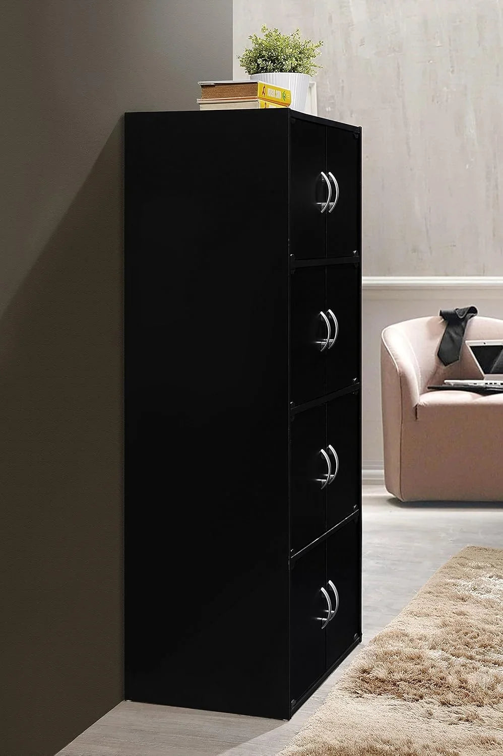 HID44 8 Door 4 Shelf Modern Wooden Heavy Duty Floor Mount Multipurpose Storage Bookcase Cabinet with Installation Hardware, Midnight