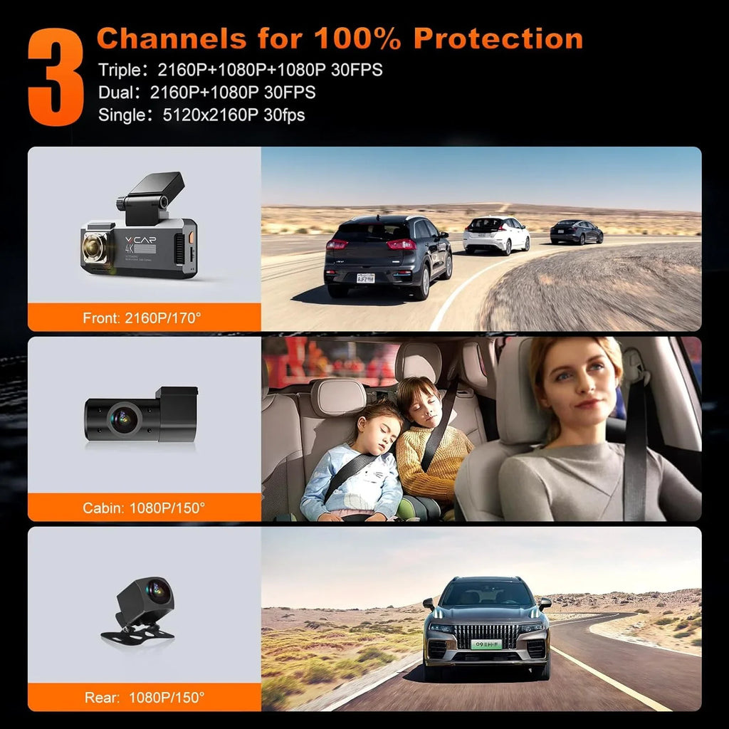 VVCAR R39 3 Channel 5K Dash Cam WiFi GPS with 64GB Card 3.99" IPS Front Inside Rear Car Dashboard Camera Recorder Parking Mode