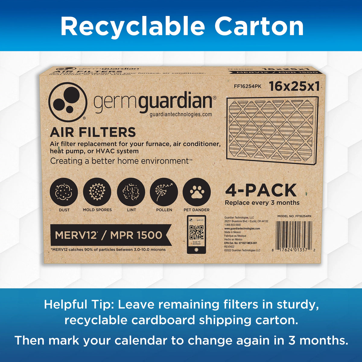Germ Guardian 16x25x1 MERV 12 Pleated HVAC AC Furnace Air Filters (4-Pack)