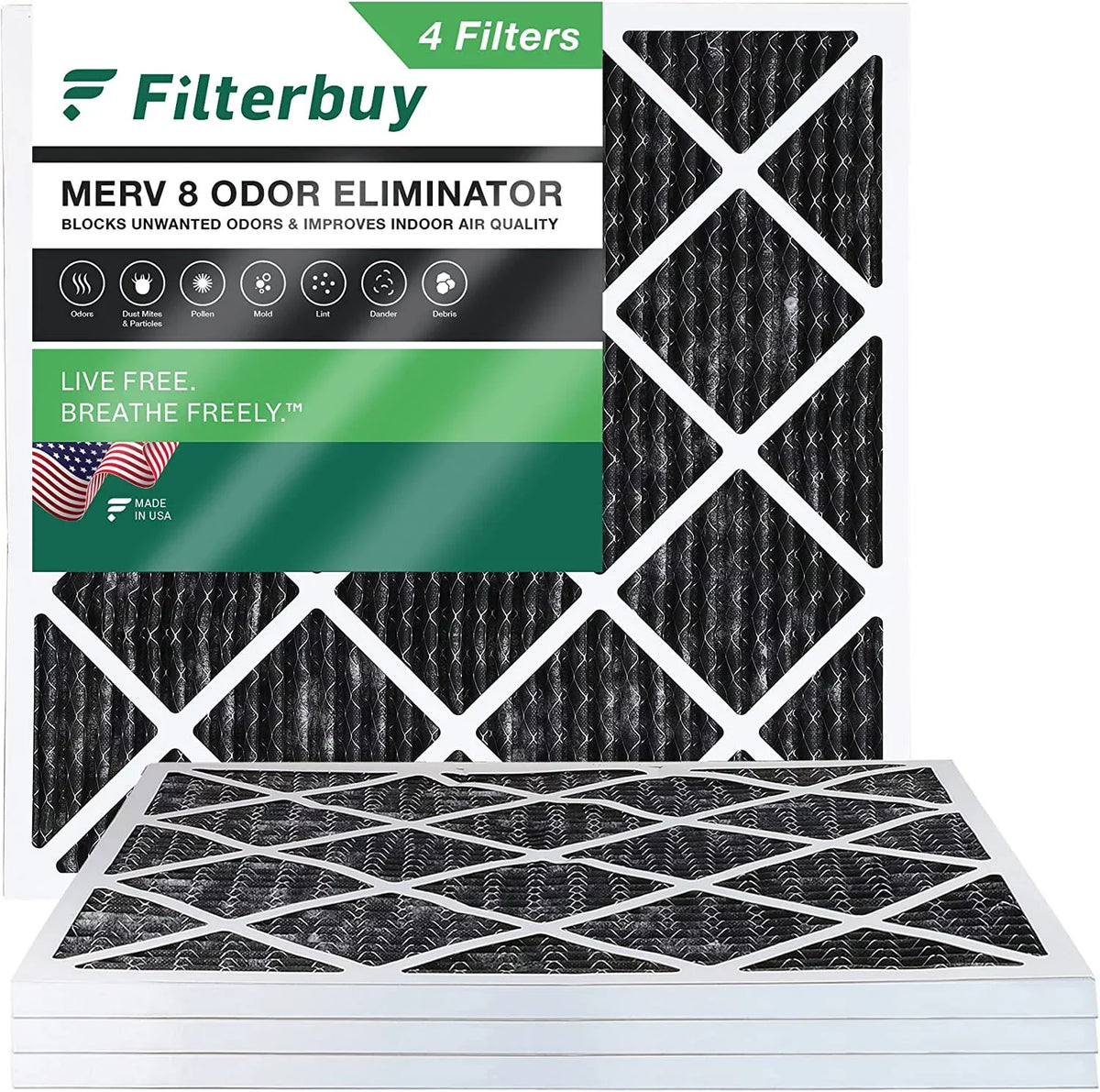 Filterbuy 25x25x1 MERV 8 Odor Eliminator Pleated HVAC AC Furnace Air Filters with Activated Carbon (4-Pack)
