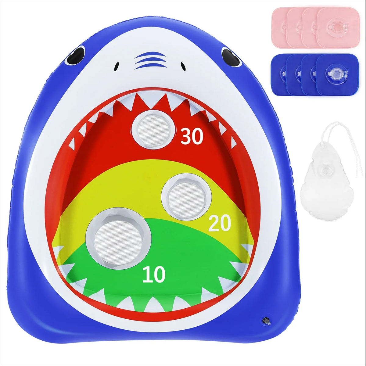 MoKo Pool Shark Ring Toss Games Toys with 8 Sandbag, Summer Inflatable Floating Toy for Kids Adults Family Party Water Carnival, Blue