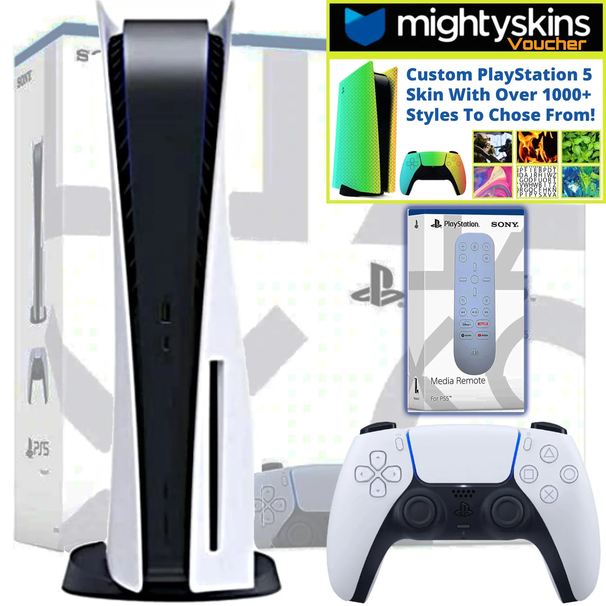 Sony PlayStation 5 Disk Console Bundle With PS5 Media Remote & MightySkins Custom PS5 Skin Voucher Limited Edition Bundle