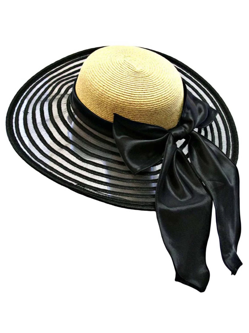 Wheat & Charcoal Wide Brim Floppy Hat Large With Satin Bow