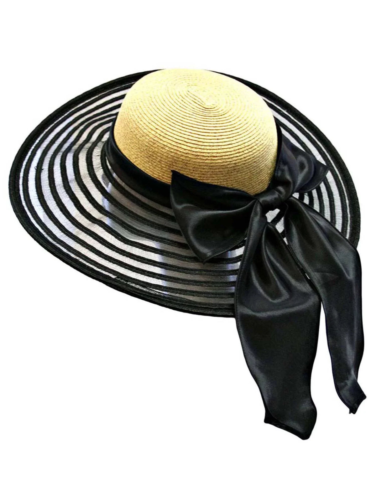 Wheat & Charcoal Wide Brim Floppy Hat Large With Satin Bow