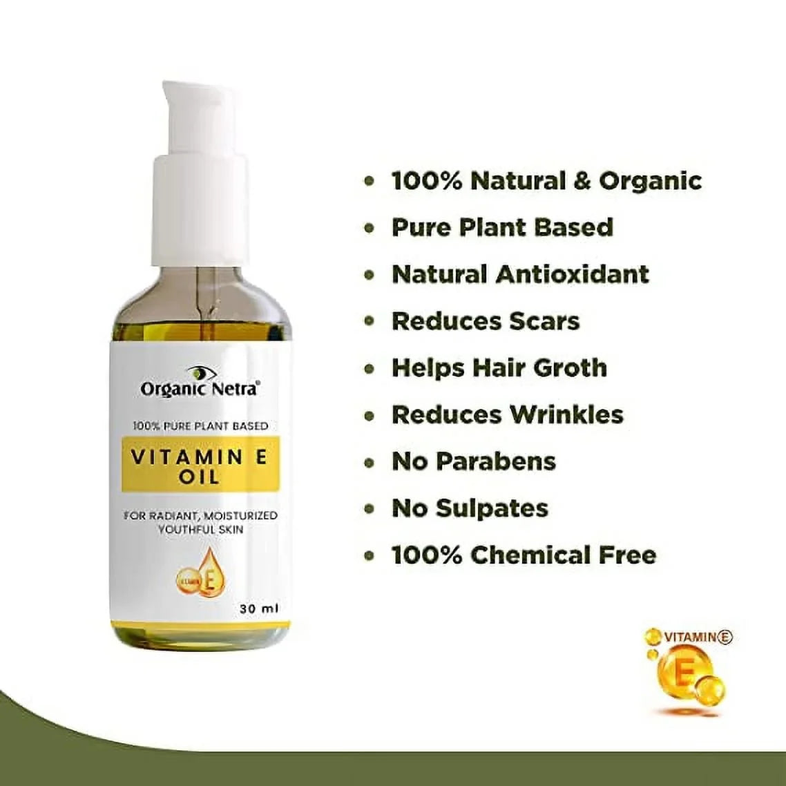 Organic Netra® Vitamin E Oil – Pure Plant-Based Face and Hair Oil for Men and Women – Ideal for Radiant, Moisturized and Youthful Looking Skin and Hair - For Stretch Marks – 30 ml