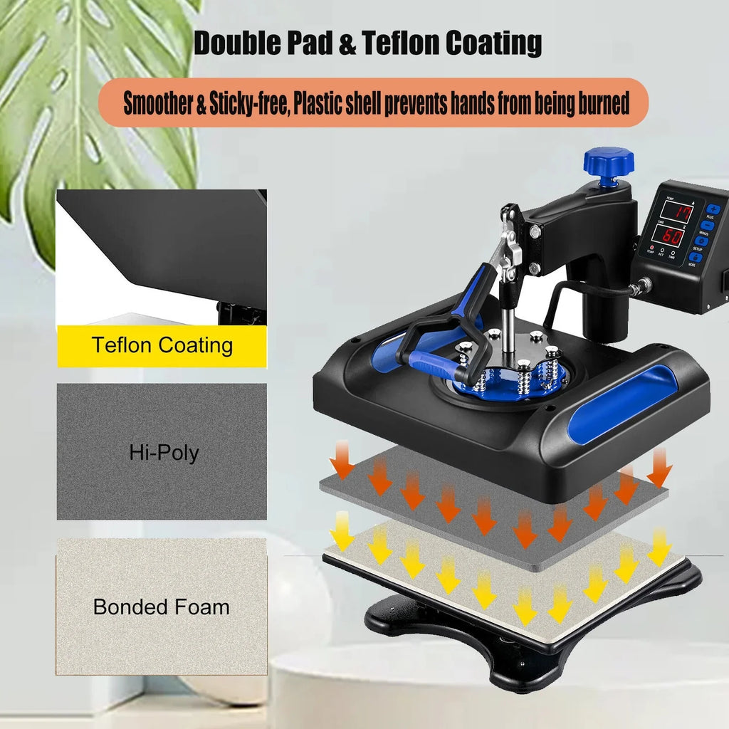 Blue Heat Press Machine 8 in 1, 15 x 15 Unit Sublimation Transfer Printer, Digital Precise LCD Control Printing, 360 Swing Away Vinyl Transfer Printer for T-Shirts, Canvas Bag, Pillow, Banner