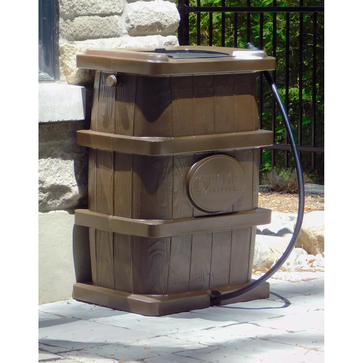 FCMP Outdoor 45 Gal Wood Grain Rain Water Catcher Barrel, Brown (2 Pack)