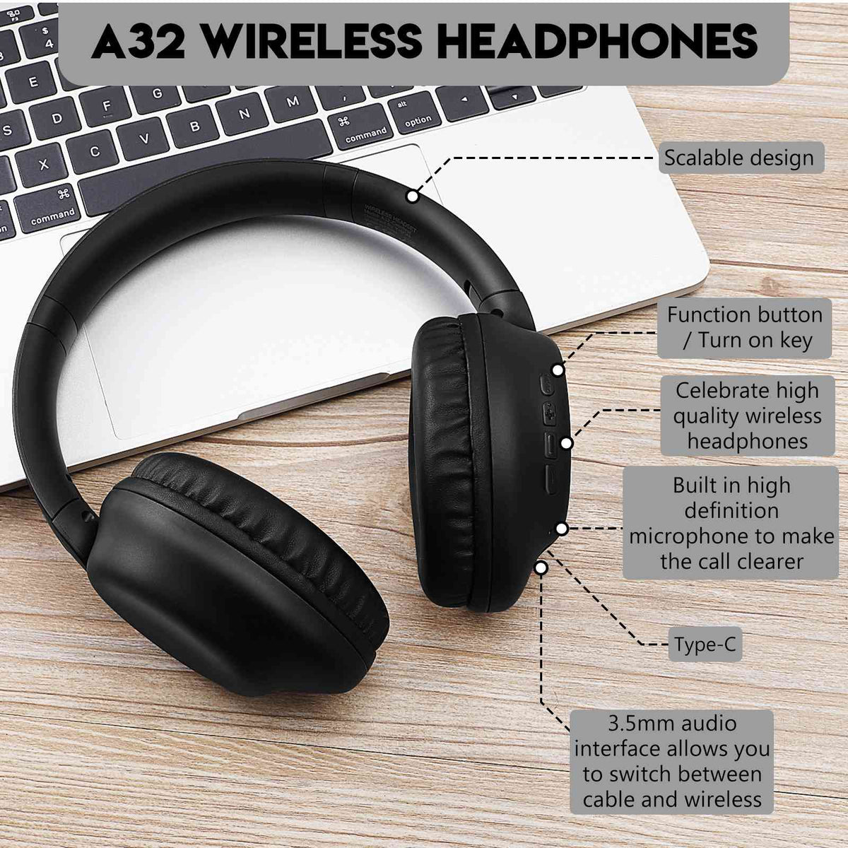 UrbanX Perfect Comfort 955 II Overhead Wireless Bluetooth Headphones For Nokia C1 Plus Noise-Cancelling, with – Midnight