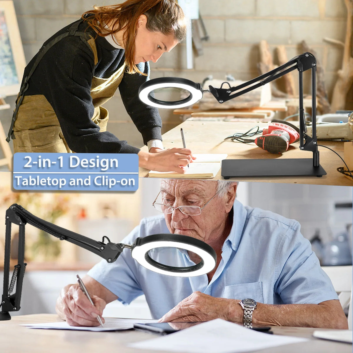10X Magnifying Glass with Light and Stand, 2-in-1 LED Magnifying Desk Lamp with Clamp, 5 Color Modes Stepless Dimmable, Hands Free Lighted Magnifier for Craft, Painting, Close Work, Sewing