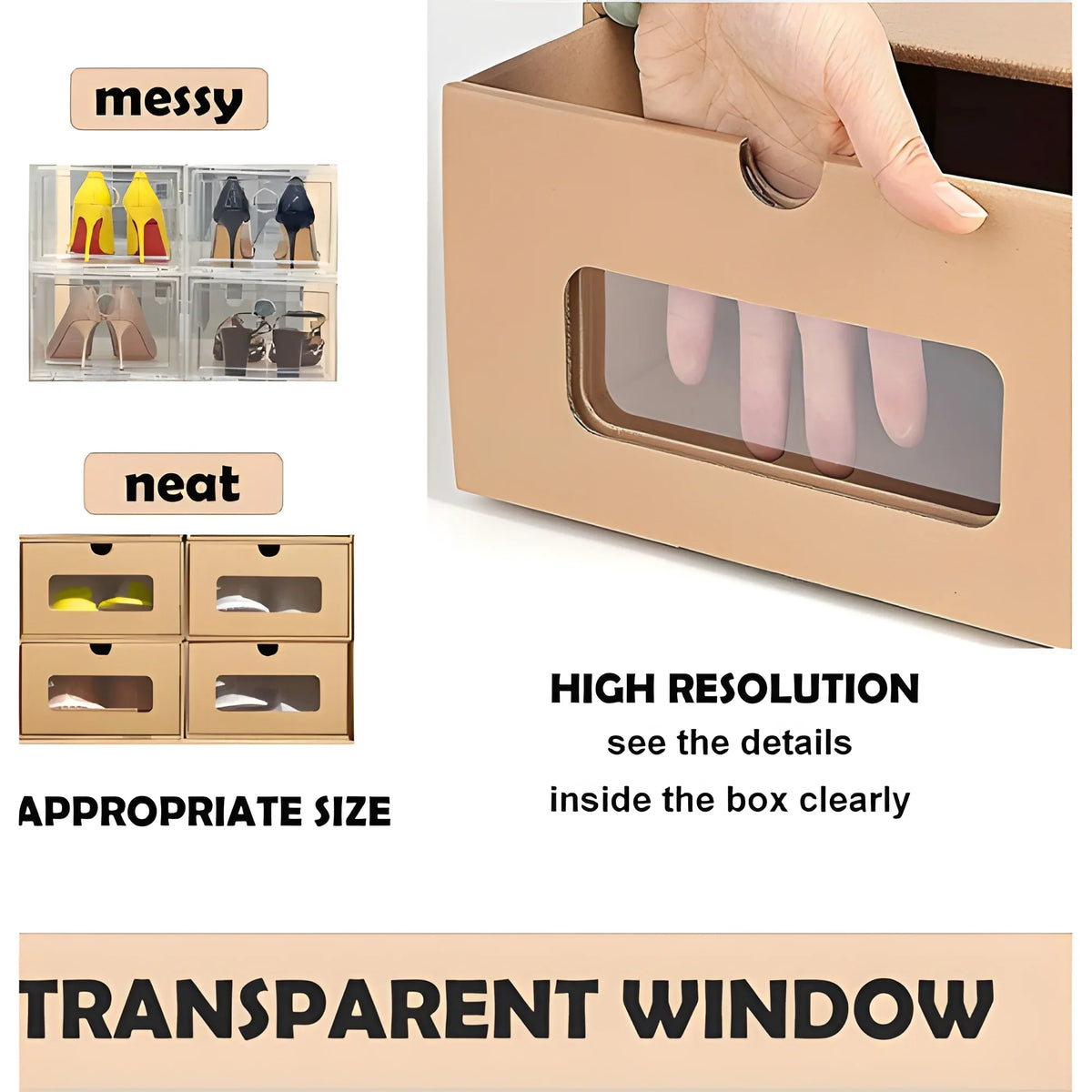 tonchean 10 Pack Cardboard Shoe Boxes - Stackable Shoes Storage Organizer Kraft Drawer Boxes with Lids and Transparent Window-Gift
