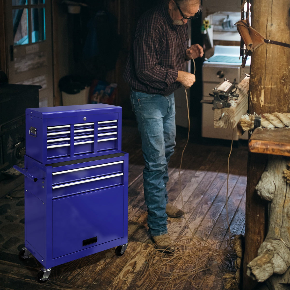 Tool Chest with Drawers, 2-IN-1 Rolling Tool Chest & Cabinet Large Capacity with 8 Drawers, Lockable Tool Box Organizer On Wheels with Sliding Drawers, Hidden Double Tool Box, Blue