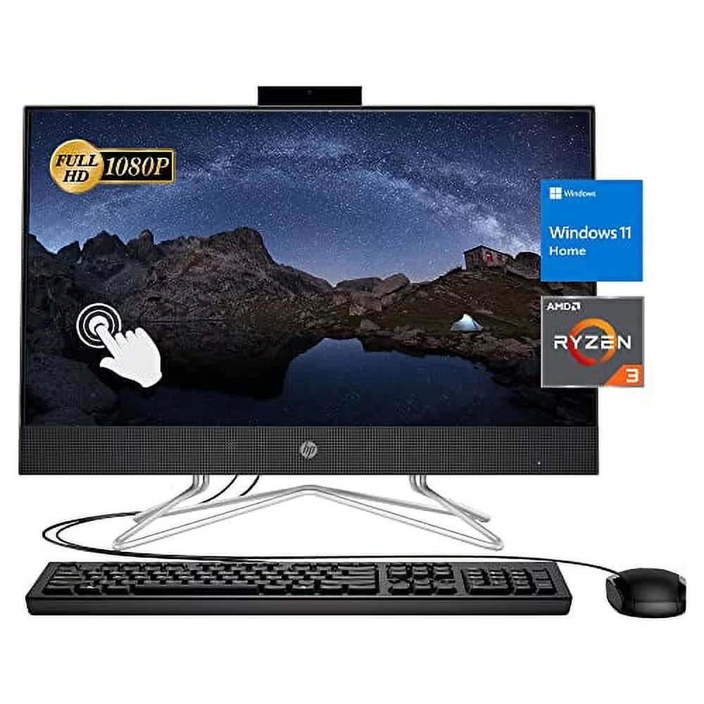 2022 Newest HP All-in-One Desktop, 22" FHD Touch Screen, AMD Ryzen 3 3250U, 12GB RAM, 512GB SSD, Webcam, DVD-RW, HDMI, RJ-45, USB Wired Keyboard&Mouse, WiFi, Windows 11 Home, Onyx