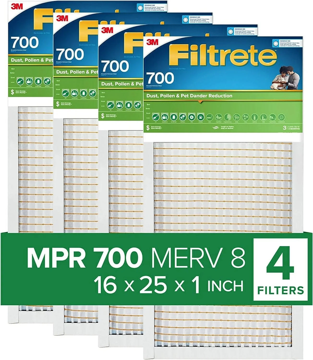 Filtrete 16x25x1 Air Filter, MPR 700, MERV 8, Clean Living Dust, Pollen and Pet Dander Reduction 3-Month Pleated Inch Air Filters, 4 Filters