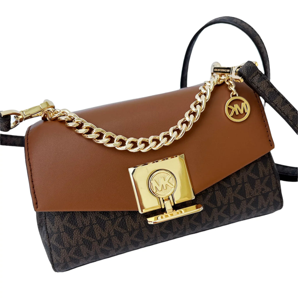 Michael Kors Lita Small Two Tone Logo Leather Crossbody Bag Brown MK
