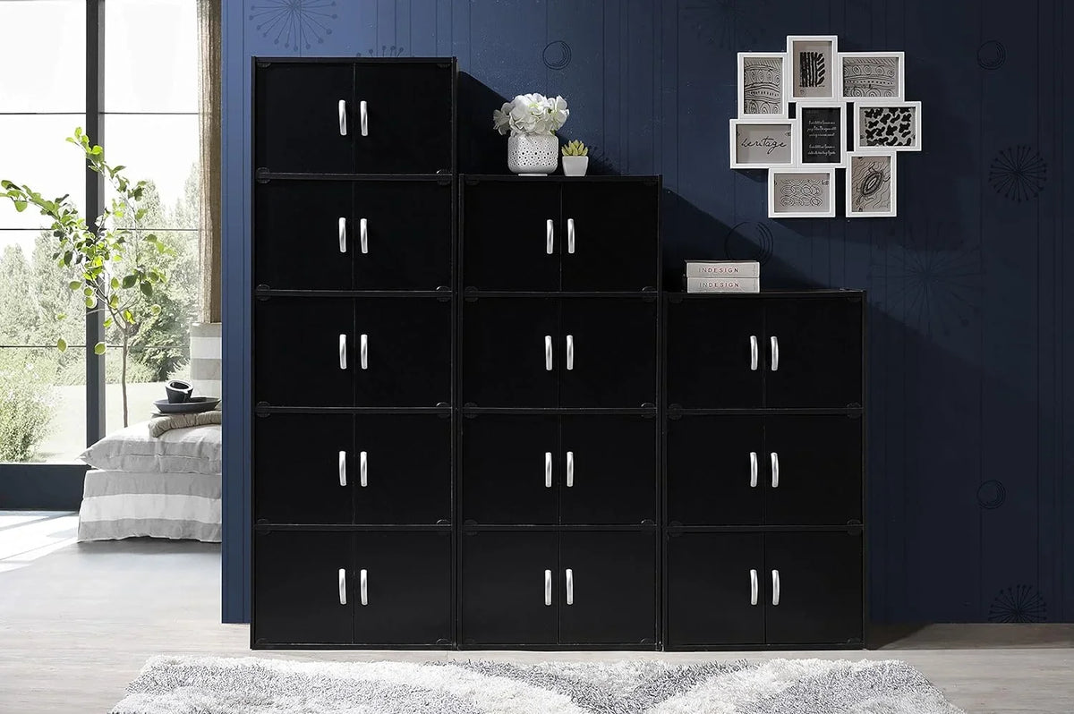 HID44 8 Door 4 Shelf Modern Wooden Heavy Duty Floor Mount Multipurpose Storage Bookcase Cabinet with Installation Hardware, Midnight