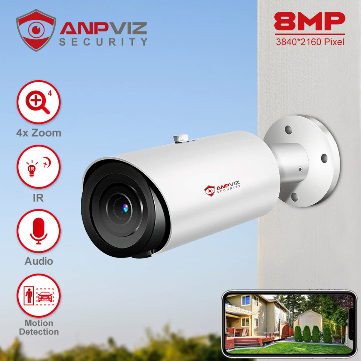 ANPVIZ 8MP Bullet Camera 4X Zoom Camera Support Human Vehicle Detection 30M IR Distance Built in Mic H.265 IP66