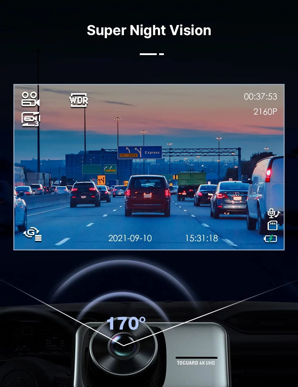 Toguard 4K Dash Cam Front and Rear Dual Dash Camera Centimeter LCD WDR Car Camera with Parking Monitor, Loop Recording, G-Sensor Function, Motion Detection, Built-in Battery
