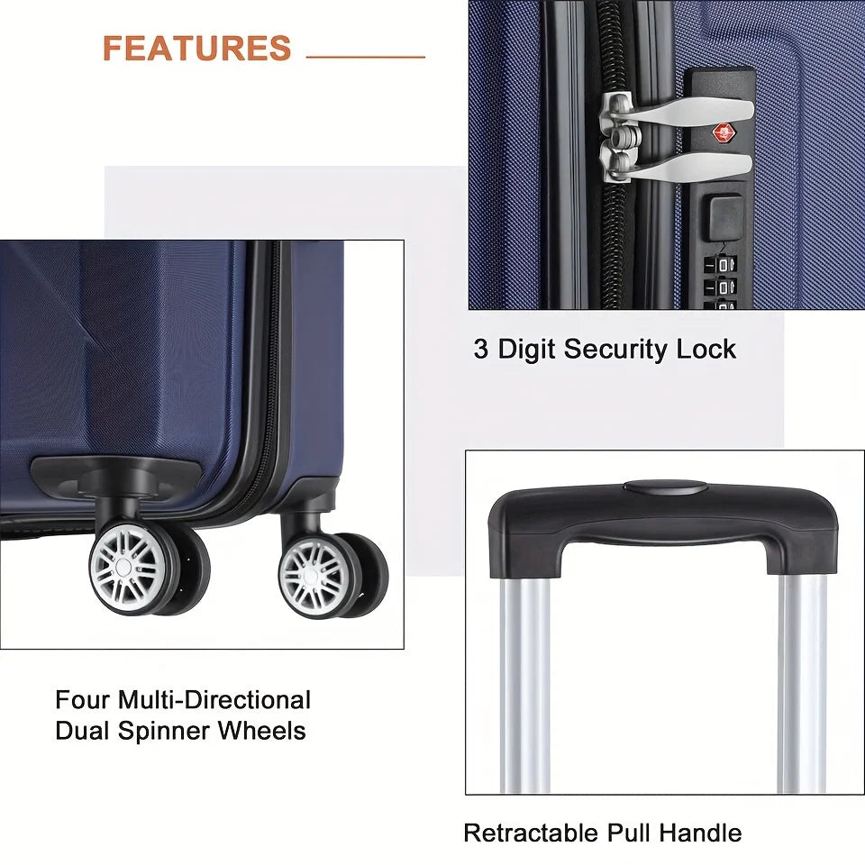 20 Inch Hardside Carry-On Luggage For Travel Business, Inch Suitcase With Four Spinner Wheels And Scratch-Resistant Surface, Lock - Blue
