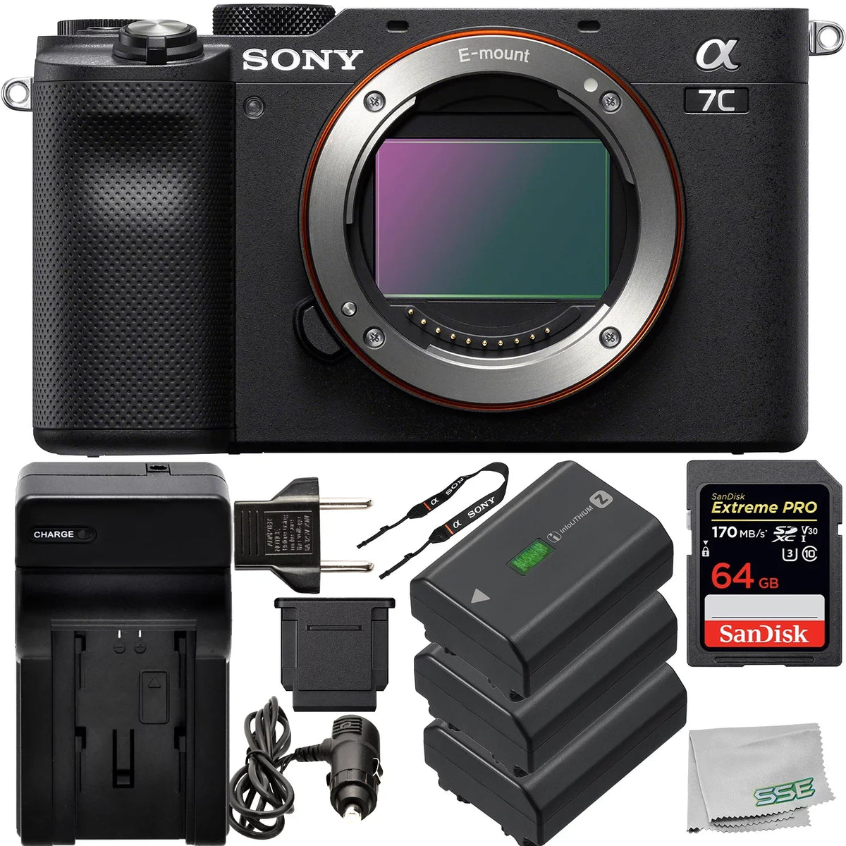 Sony Alpha a7C Mirrorless Digital Camera (Body Only, Dark with Essential Accessory Bundle - Includes: SanDisk Extreme PRO 64GB Memory Card, 2x Seller Supplied Replacement FZ100 Batteries & More
