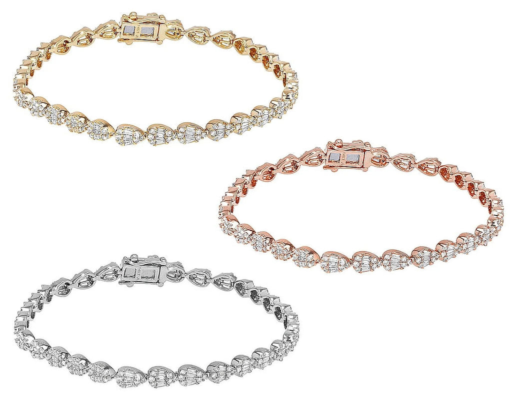 Tear Shaped Baguette Cluster 2.70 CT Diamond Tennis Link Bracelet Gold 4MM 7.75"