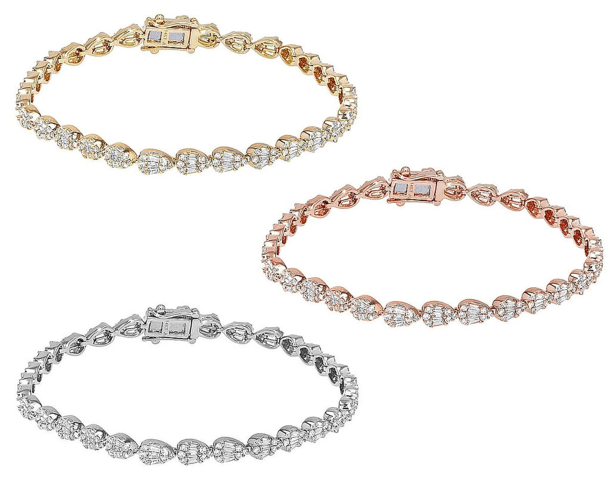 Tear Shaped Baguette Cluster 2.70 CT Diamond Tennis Link Bracelet Gold 4MM 7.75"