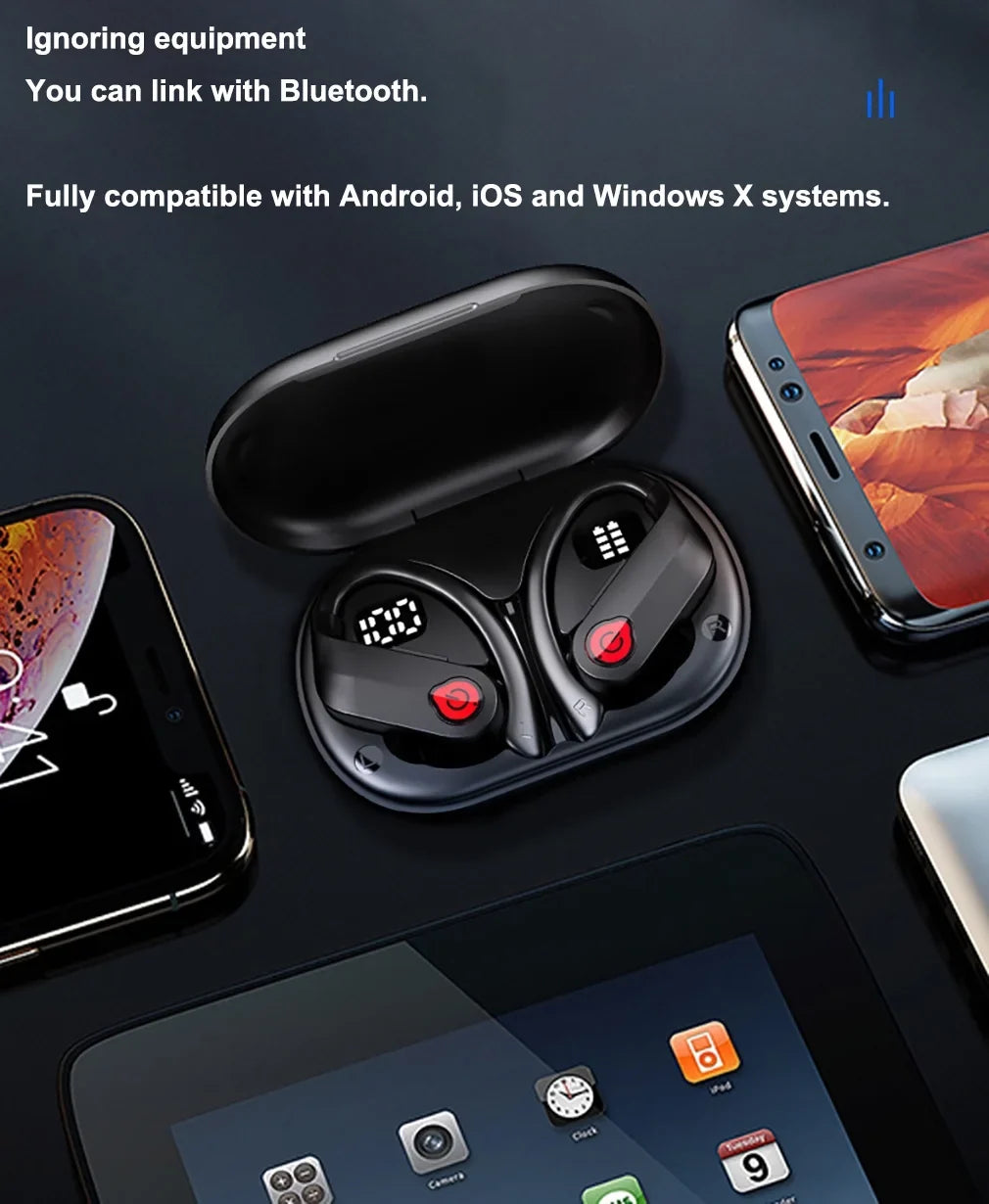 Bluetooth Headphones Wireless Earbuds 20hrs Playtime Charging Case Digital Display Sports Ear buds with Earhook Premium Deep Bass IPX7 Waterproof Over-Ear Earphones for TV Phone Laptop Midnight