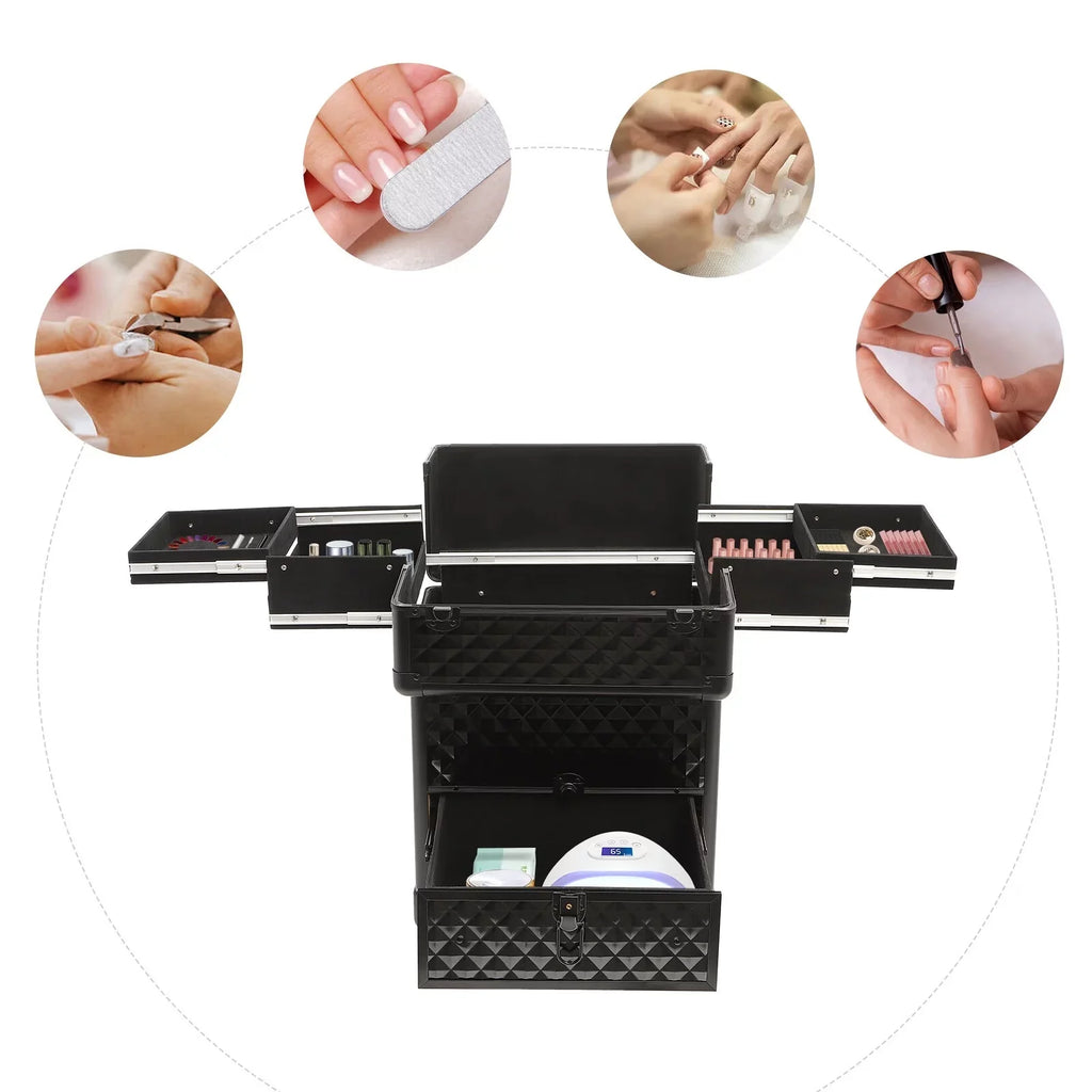 Aiqidi Rolling Makeup Train Case Wheeled Manicure Storage Case Trunk Nail Organizer Luggage Cart Salon Cosmetic Trolley Box Charcoal
