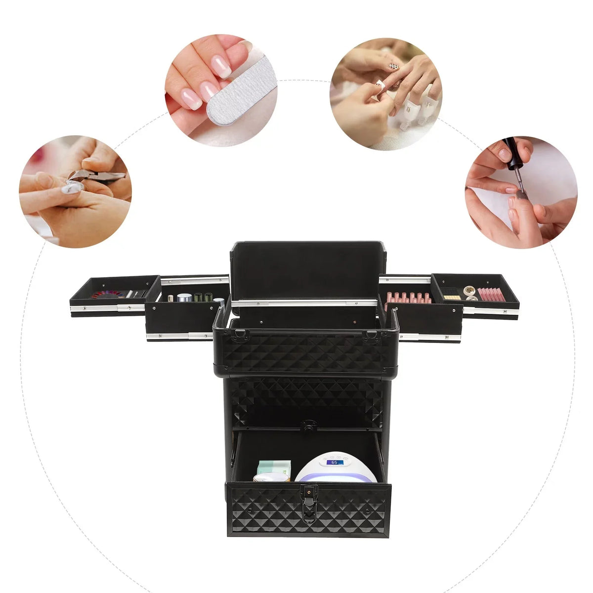 Aiqidi Rolling Makeup Train Case Wheeled Manicure Storage Case Trunk Nail Organizer Luggage Cart Salon Cosmetic Trolley Box Charcoal