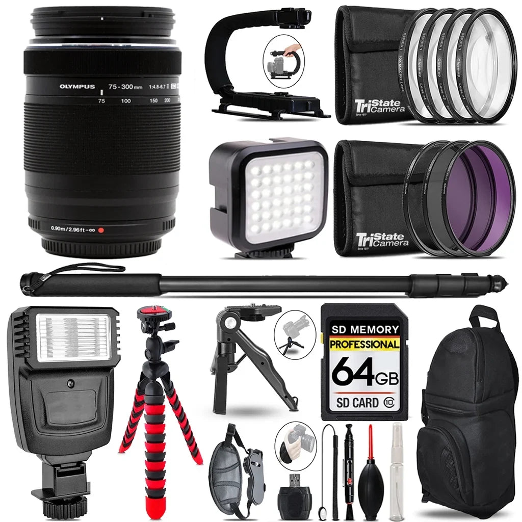 Olympus M.Zuiko Digital ED 75-300mm f/4.8-6.7 II Lens- Video Kit + Slave Flash + Monopad - 64GB Accessory Bundle