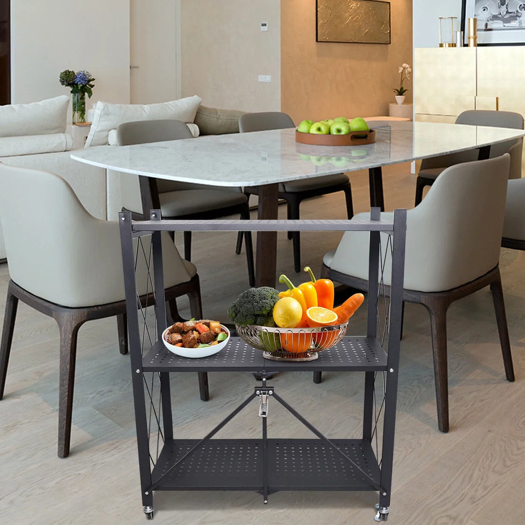 Miumaeov 3-Tier Kitchen Foldable Metal Rolling Trolley Cart Movable Utility Rack Storage Shelves Holder with Wheel Midnight